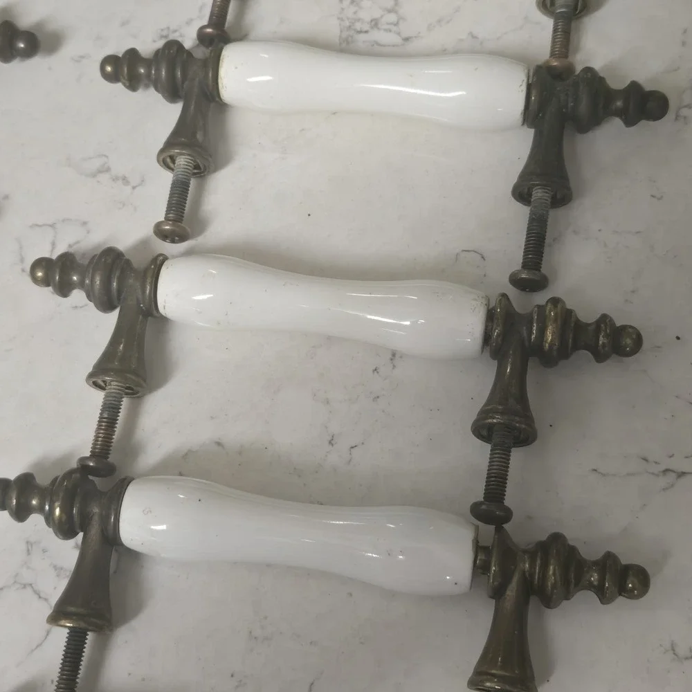 21 Antique White Porcelain & Brass Drawer Pull Cabinet Handles Heavy Patina READ